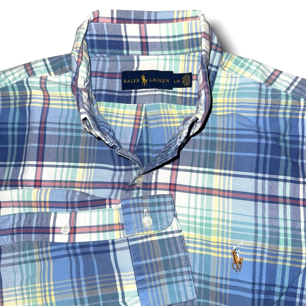 RALPH LAUREN Plaid Oxford Shirt Large Classic Fit L/S Button Down Flesh‎ Pony